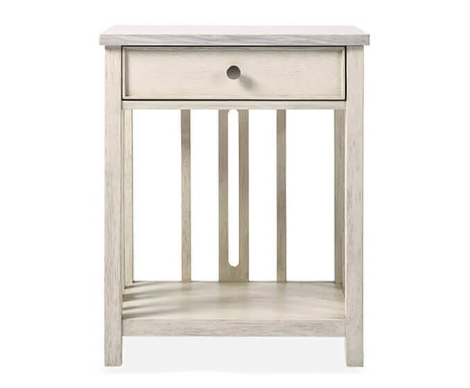 Escape Bedside table. A white wooden nightstand with a white stone top, a single drawer, and shelf near the floor.